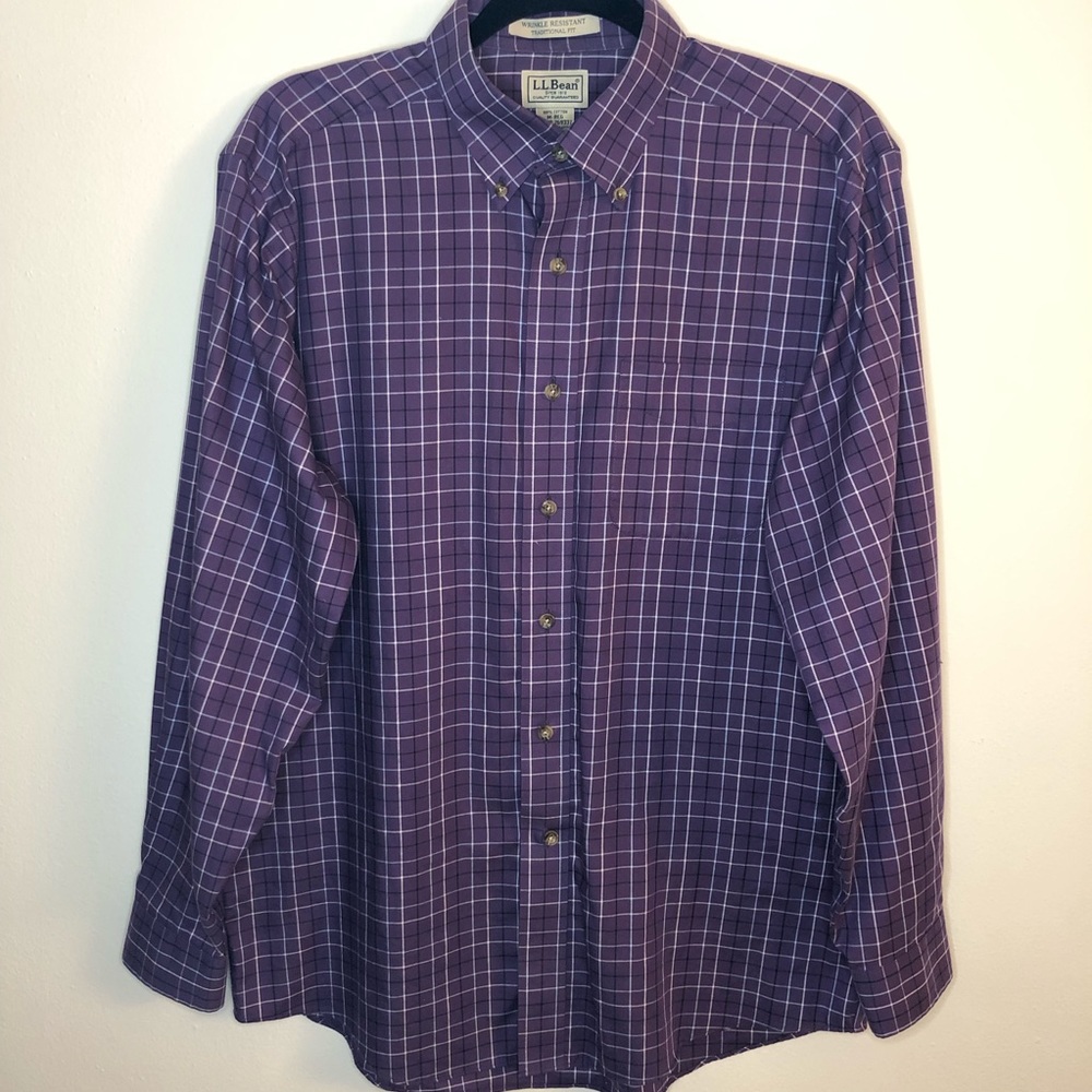 LL Bean Men’s Button Oxford Medium Purple Wrinkle Resistant Traditional Fit